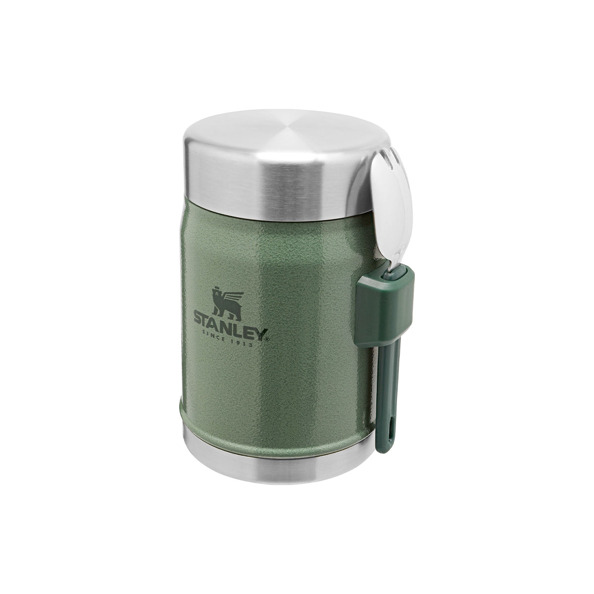 Zielony termos obiadowy Stanley Classic 400 ml – kompaktowy, z izolacją i łyżką.
