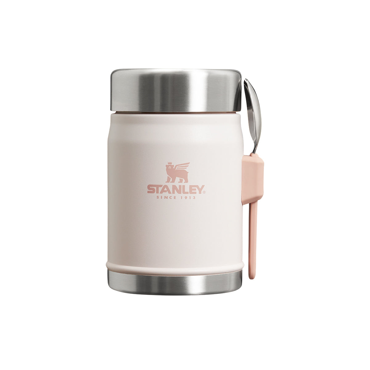 Różowy termos obiadowy Stanley Classic Rose Quartz 400 ml – kompaktowy, z izolacją i łyżką.
