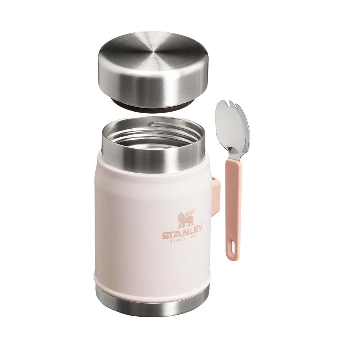 Różowy termos obiadowy Stanley Classic Rose Quartz 400 ml – kompaktowy, z izolacją i łyżką.
