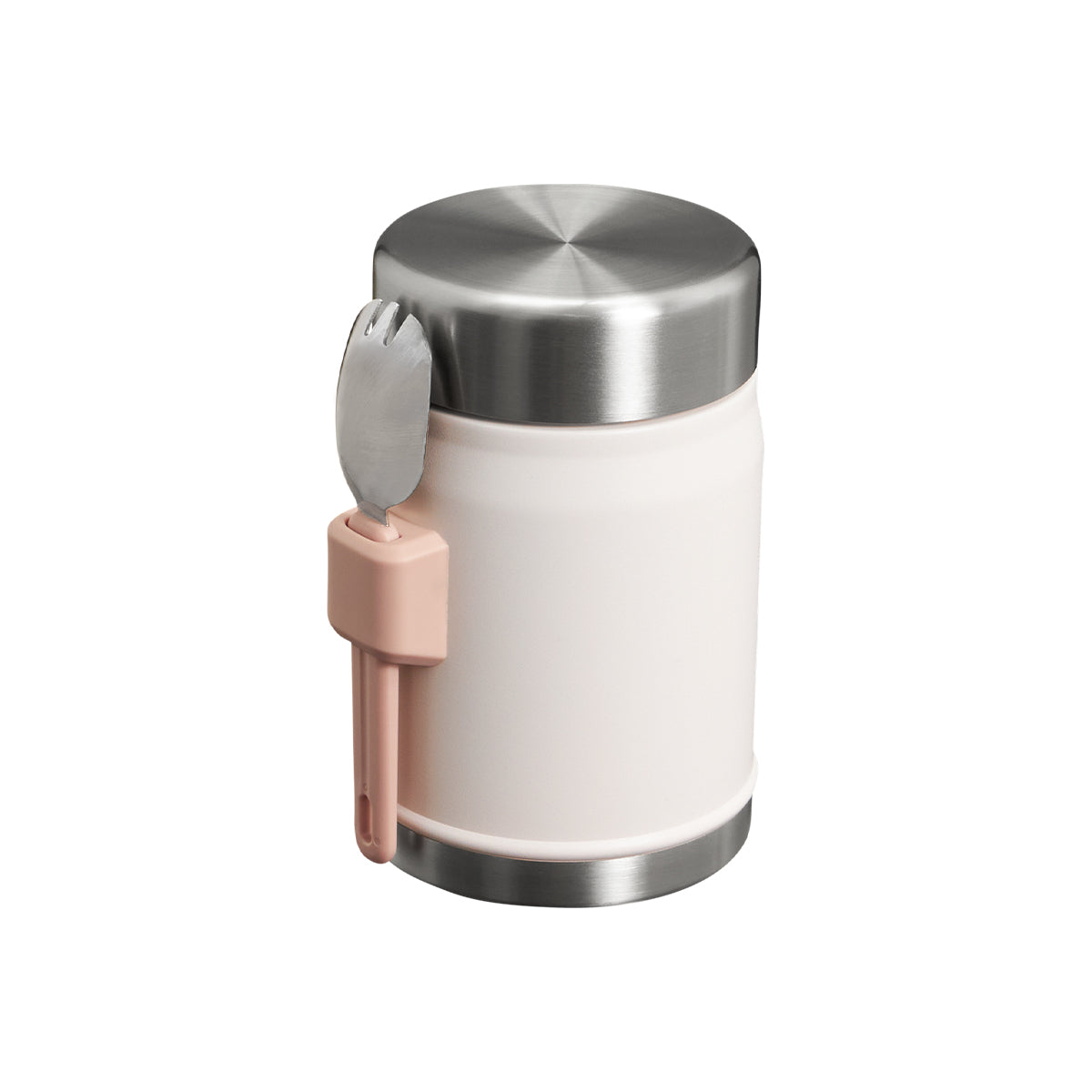 Różowy termos obiadowy Stanley Classic Rose Quartz 400 ml – kompaktowy, z izolacją i łyżką.
