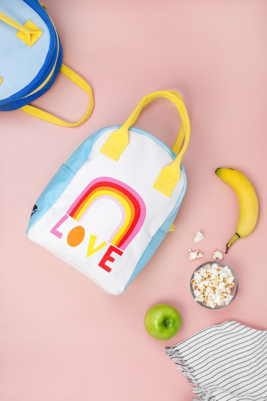 Torba termiczna na lunch Love – ekologiczna, pojemna, z bawełny organicznej i RPET, wodoodporna i lekka, kolor: niebieska/tęcza