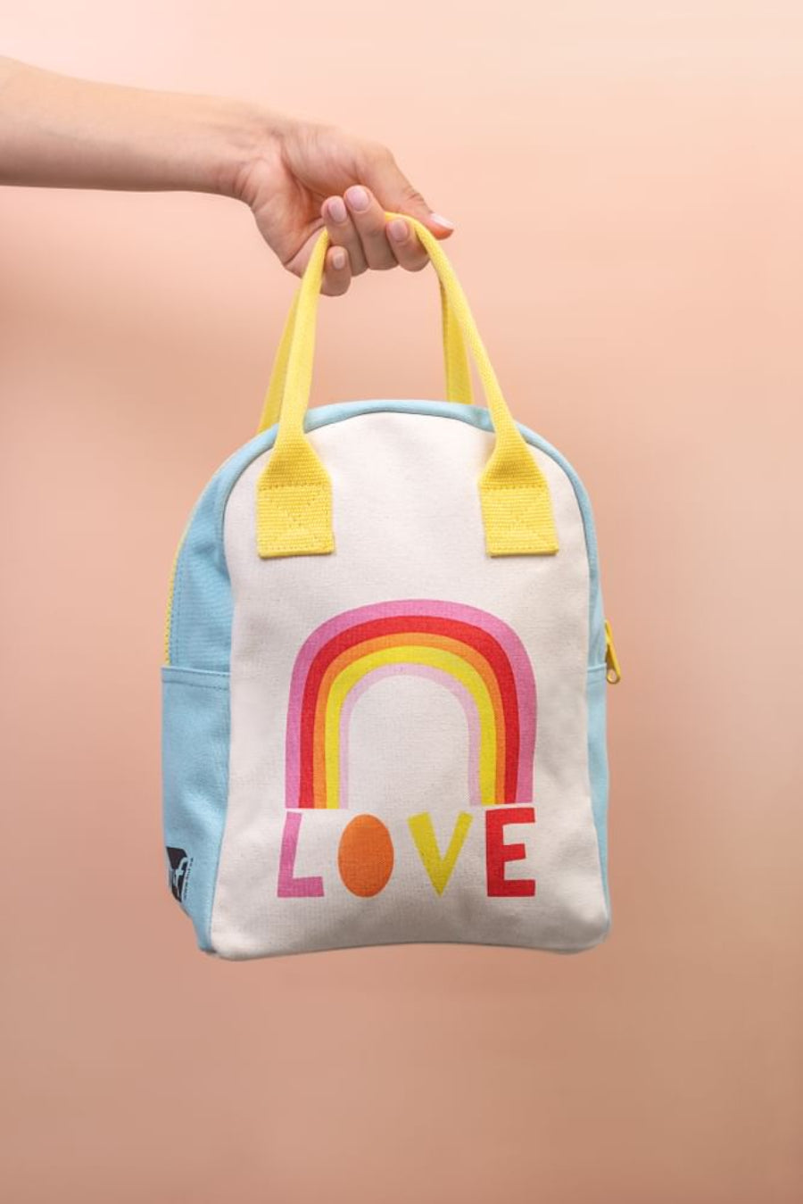 Torba termiczna na lunch Love – ekologiczna, pojemna, z bawełny organicznej i RPET, wodoodporna i lekka, kolor: niebieska/tęcza