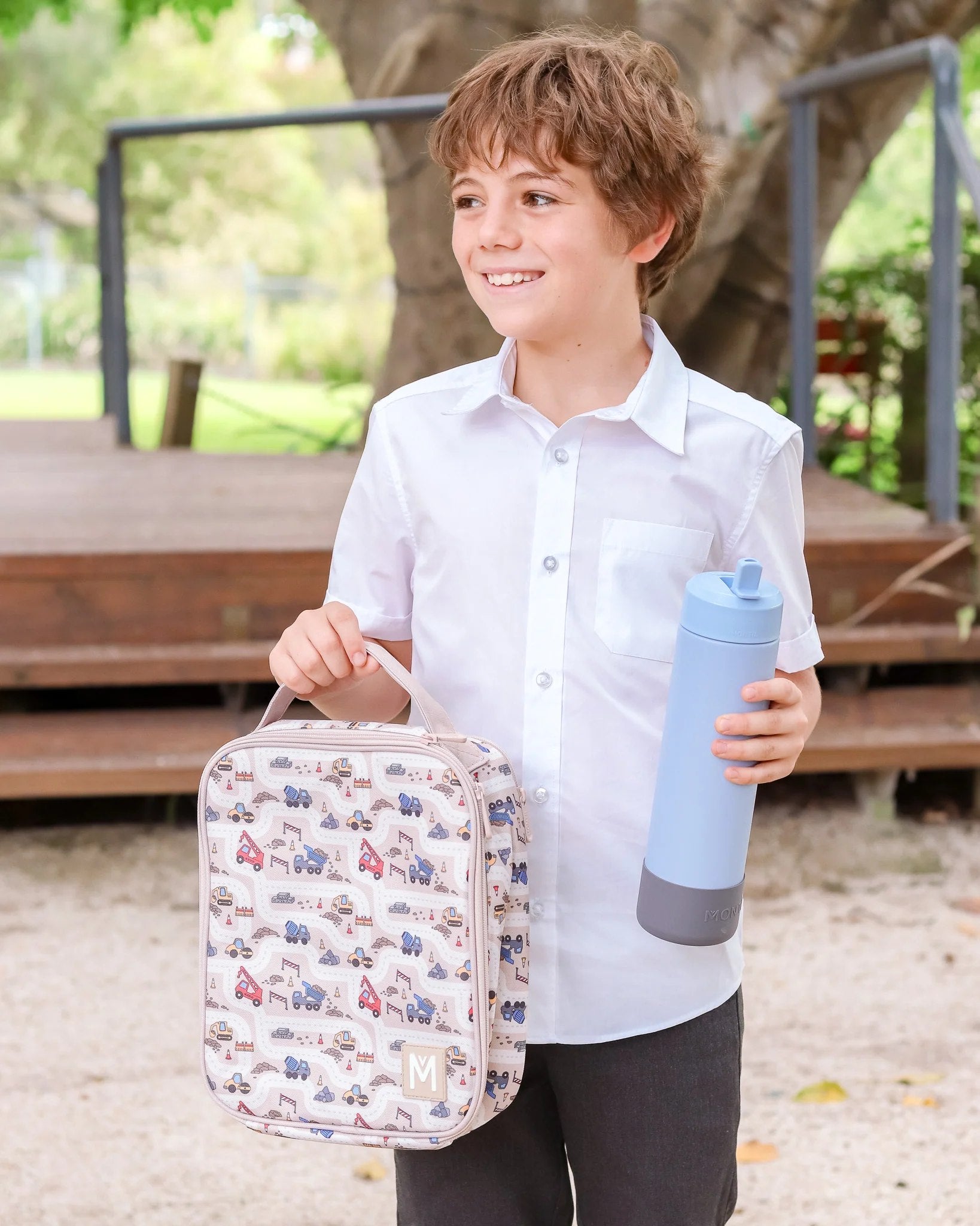 Torba termiczna MontiiCo Construction L – dwie komory, wkład chłodzący, wodoodporna i trwała, wzór: pojazdy