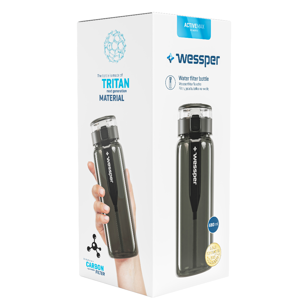 Wessper ActiveMax tritanowa butelka filtrująca 680 ml – filtr węglowy usuwa chlor, ze słomką, bez BPA, szczelna, stylowa, ekologiczna, kolor: czarna