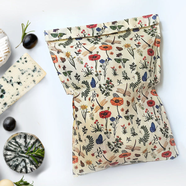 Woreczek na żywność BeePack Meadow– wielorazowe opakowanie z bawełny,  antybakteryjny, bez plastiku, wzór: łąka