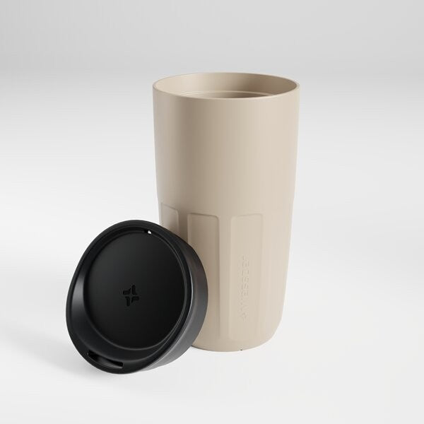 Wessper FIKA kubek wielorazowy 400 ml beżowy –  na kawę i herbatę na wynos, bezpieczny, z pokrywką, do ciepłych i zimnych napojów, do zmywarki.