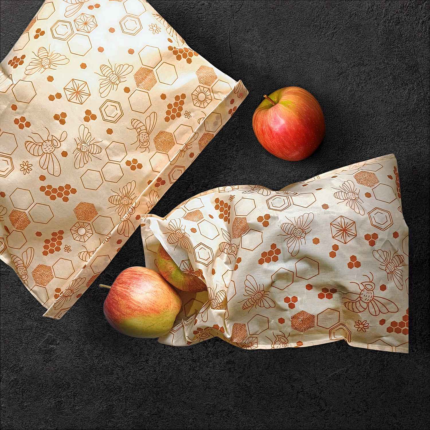 Woreczek na żywność BeePack Bees – wielorazowe opakowanie z bawełny,  antybakteryjny, bez plastiku, wzór: pszczoły