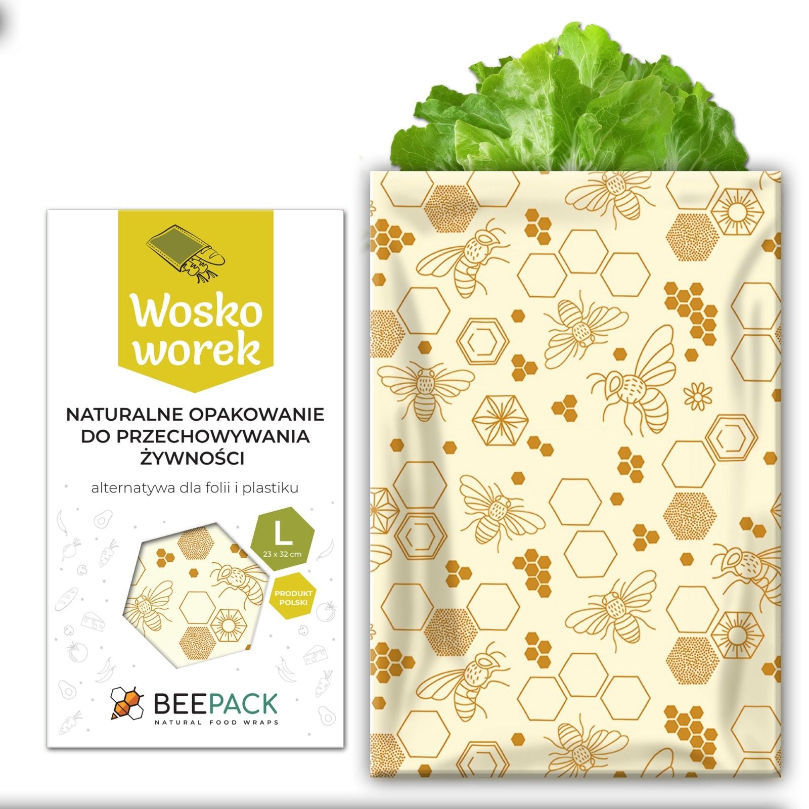 Woreczek na żywność BeePack Bees – wielorazowe opakowanie z bawełny,  antybakteryjny, bez plastiku, wzór: pszczoły