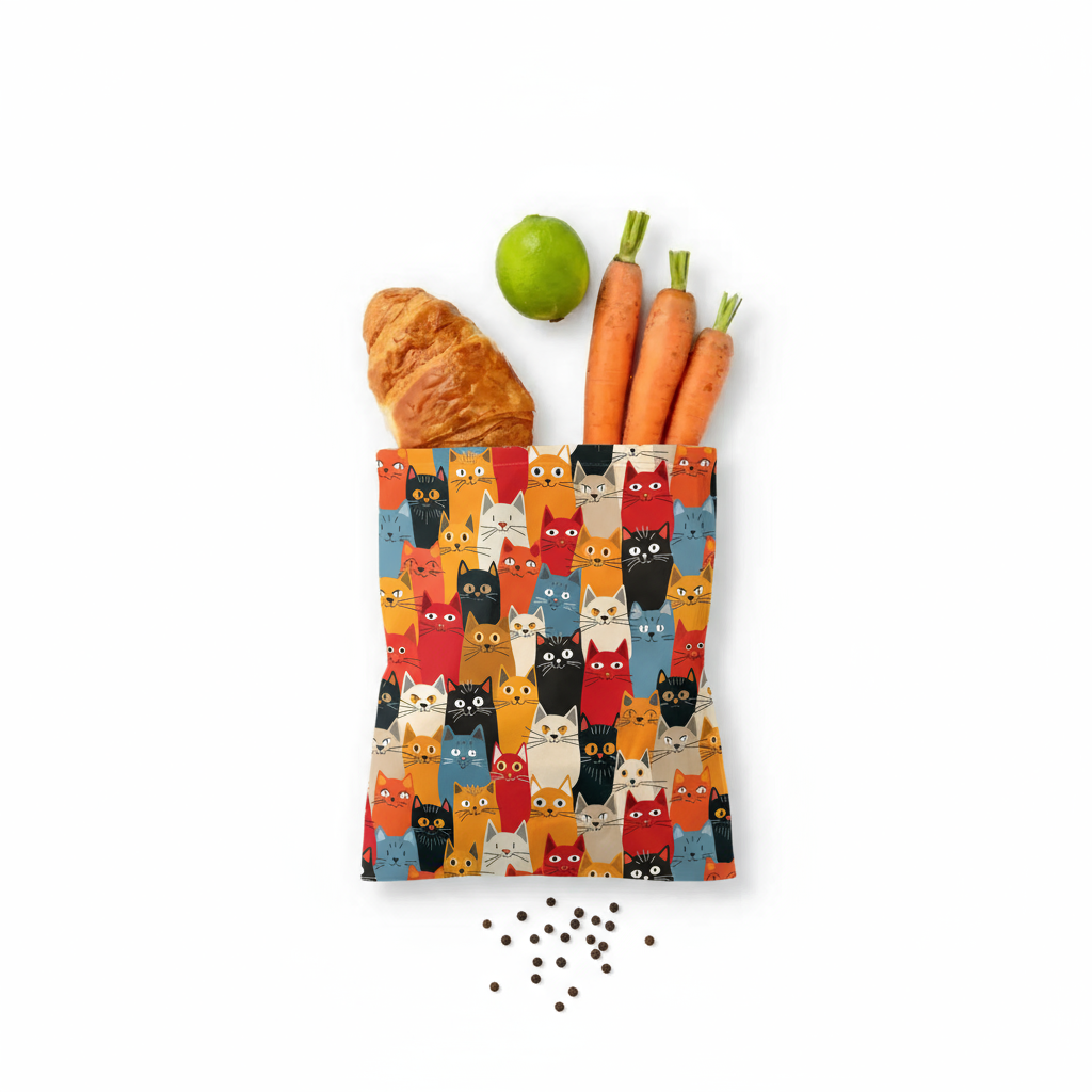 Woreczek na żywność BeePack Cats– wielorazowe opakowanie z bawełny,  antybakteryjny, bez plastiku, wzór: koty
