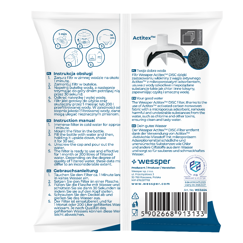 Wessper Actitex™ filtr do butelek 500 ml – usuwa chlor i zapachy, zachowuje minerały, wydajność do 200 l, pasuje do Wessper Actitex butelka tritanowych