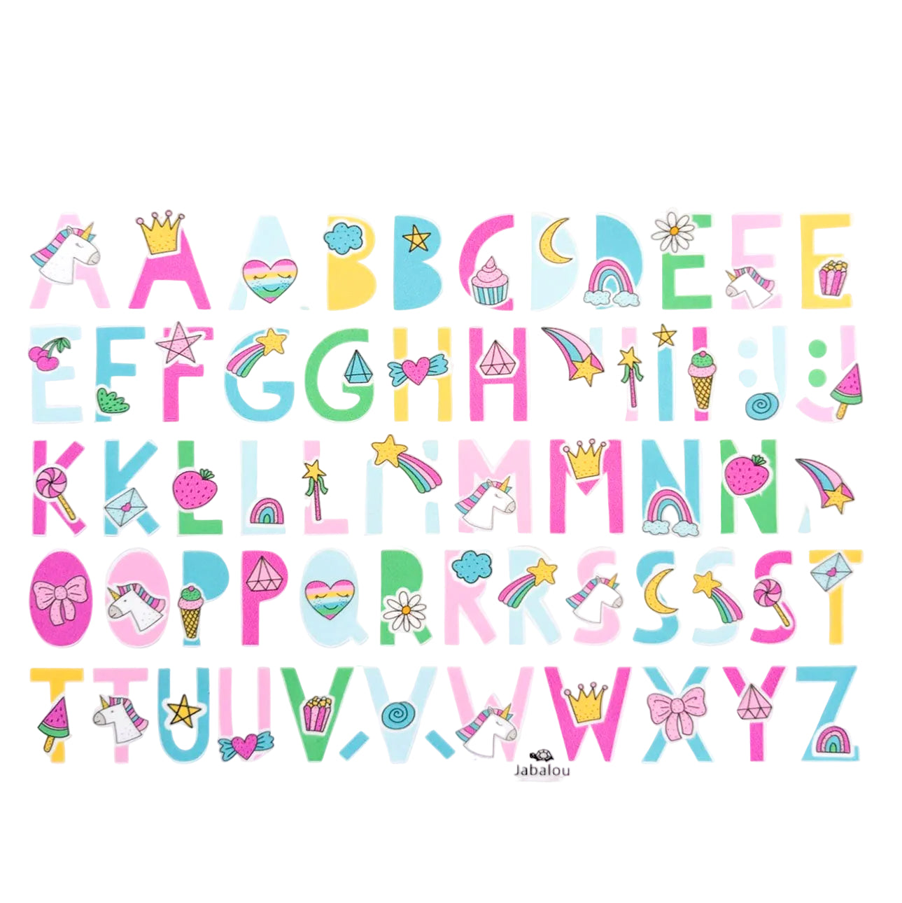 Zestaw naklejek w alfabet z motywem jednorożców Jabalou