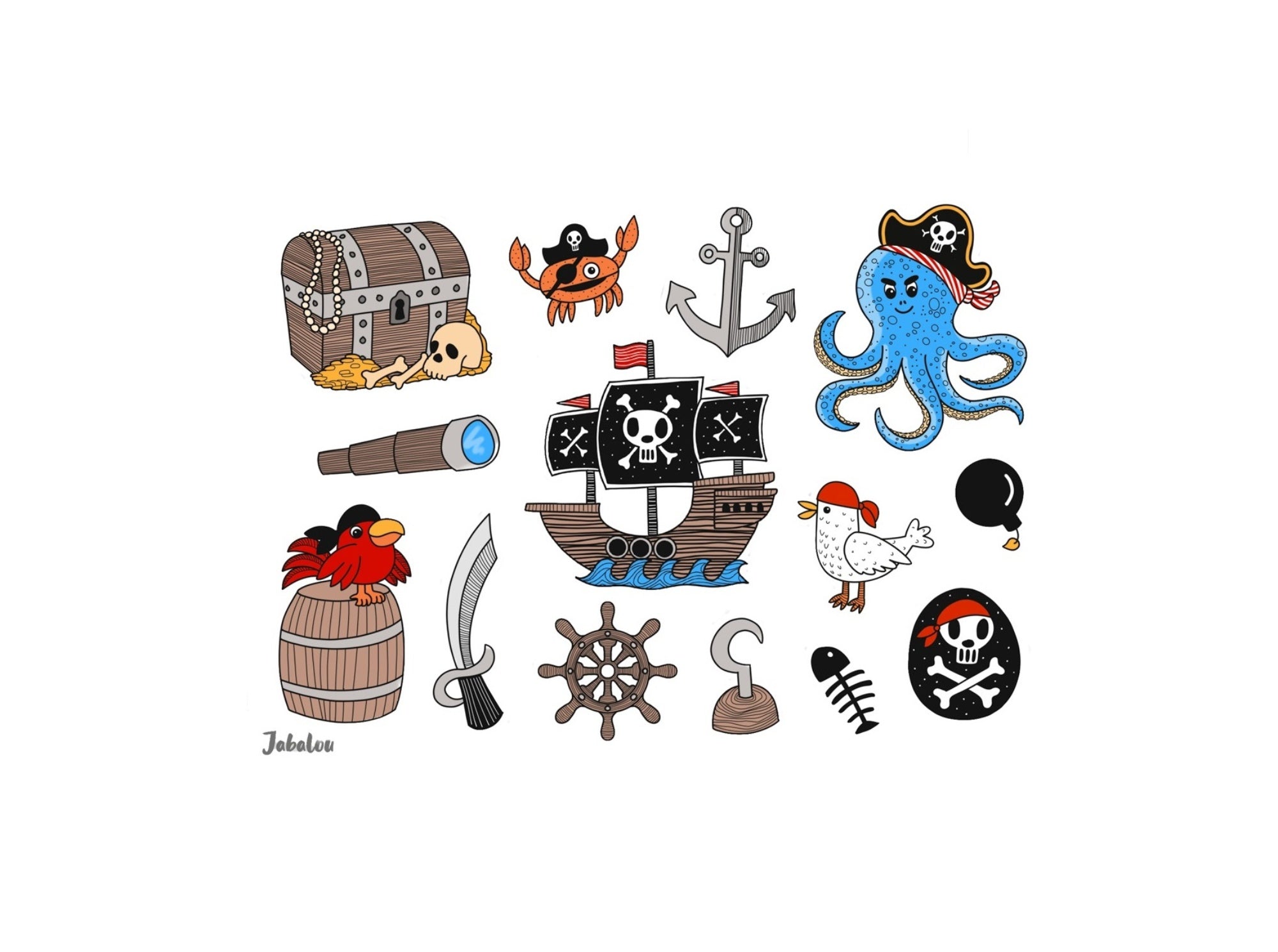 Naklejki piraci Jabalou, kolorowe i wodoodporne, z trwałym klejem, idealne do personalizacji lunch boxa, bidonu lub butelki dziecka.