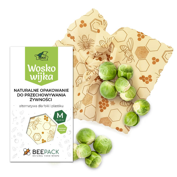 Woskowijka do kanapek BeePack® M – ekologiczne, wielorazowe opakowanie na żywność z naturalnych materiałów, zero plastiku, wzór: pszczoły