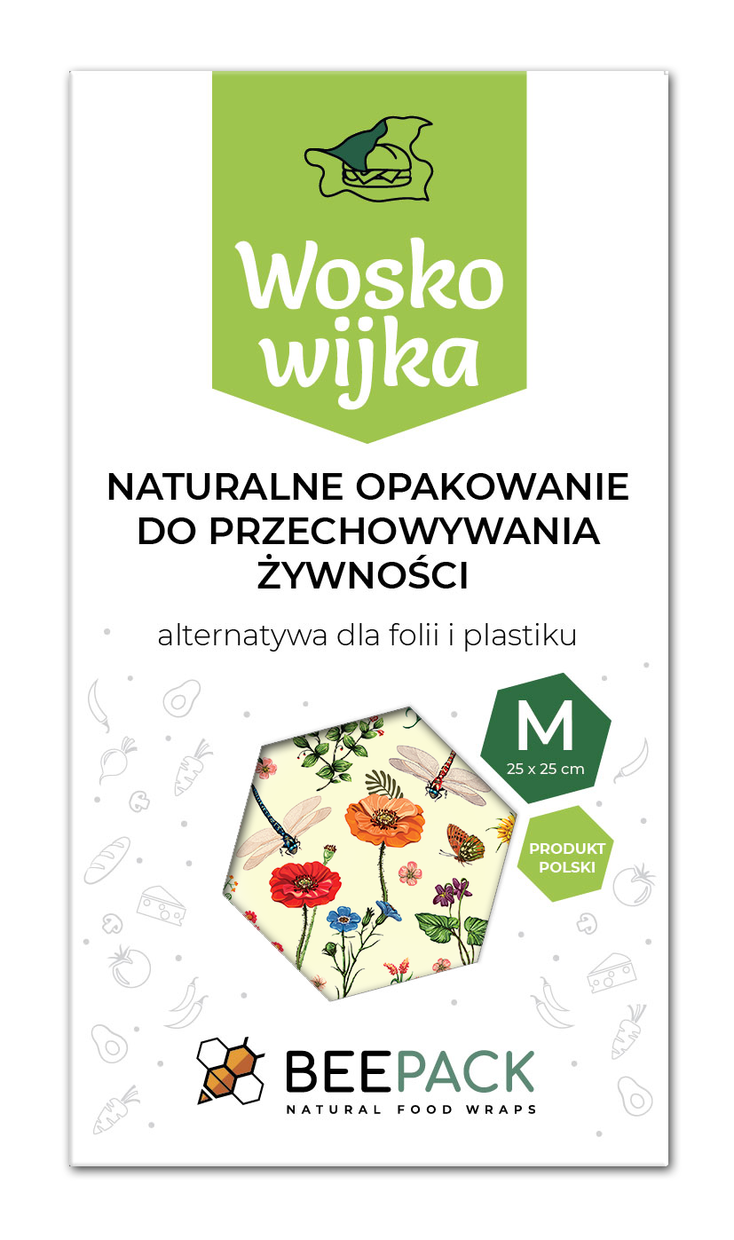 Woskowijka do kanapek BeePack® M – ekologiczne, wielorazowe opakowanie na żywność z naturalnych materiałów, zero plastiku, wzór: łąka