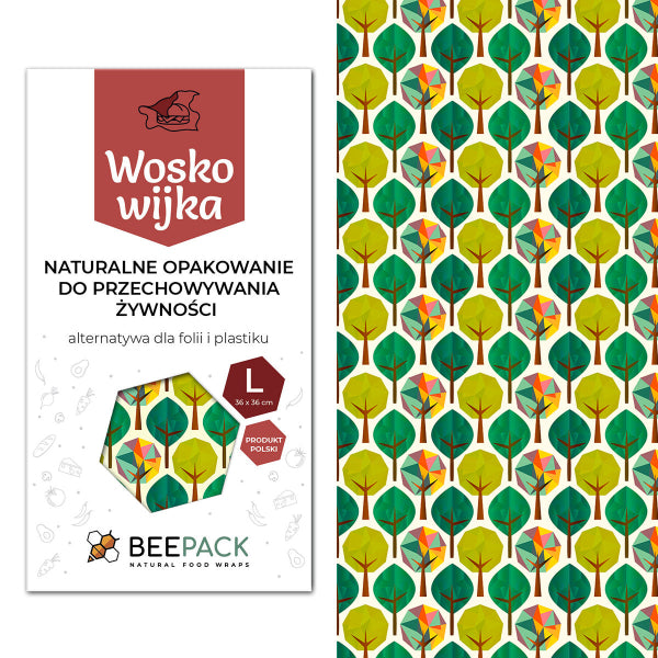 Woskowijka do kanapek BeePack® L – ekologiczne, wielorazowe opakowanie na żywność z naturalnych materiałów, zero plastiku, wzór: las