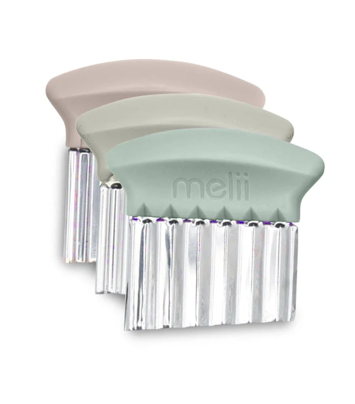 Zestaw 3 noży karbowanych Melii Sage - trzy wzory (fala, zygzag, kanty), antypoślizgowy uchwyt, bezpieczne materiały, stal nierdzewna, do krojenia warzyw, owoców i kanapek