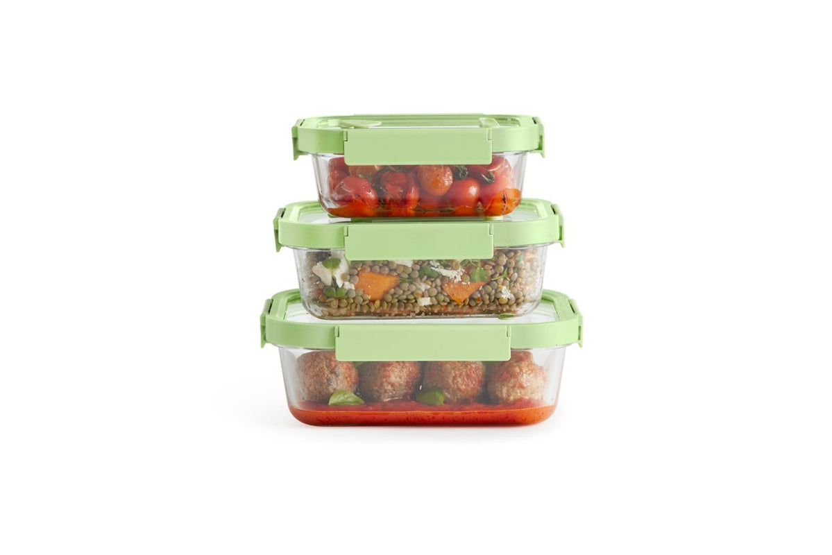 Zestaw trzech szklanych lunchboxów Lékué z silikonowymi pokrywkami