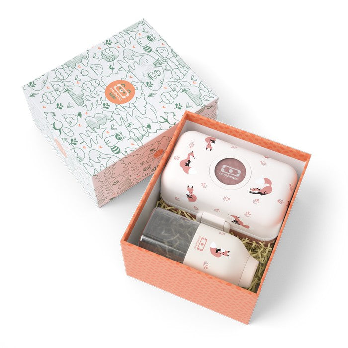 Monbento Kids Gift Box – zestaw lunchbox 850 ml i butelka 330 ml, bez BPA, lekki, bezpieczny i uroczy dla dzieci, wzór: fox