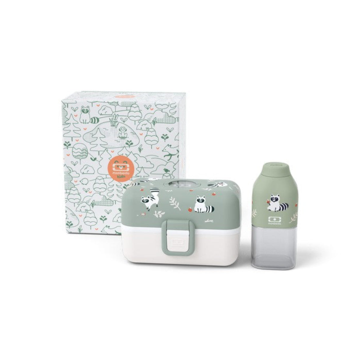 Monbento Kids Gift Box – zestaw lunchbox 850 ml i butelka 330 ml Racoon, bez BPA, lekki, bezpieczny i uroczy dla dzieci, wzór: racoon