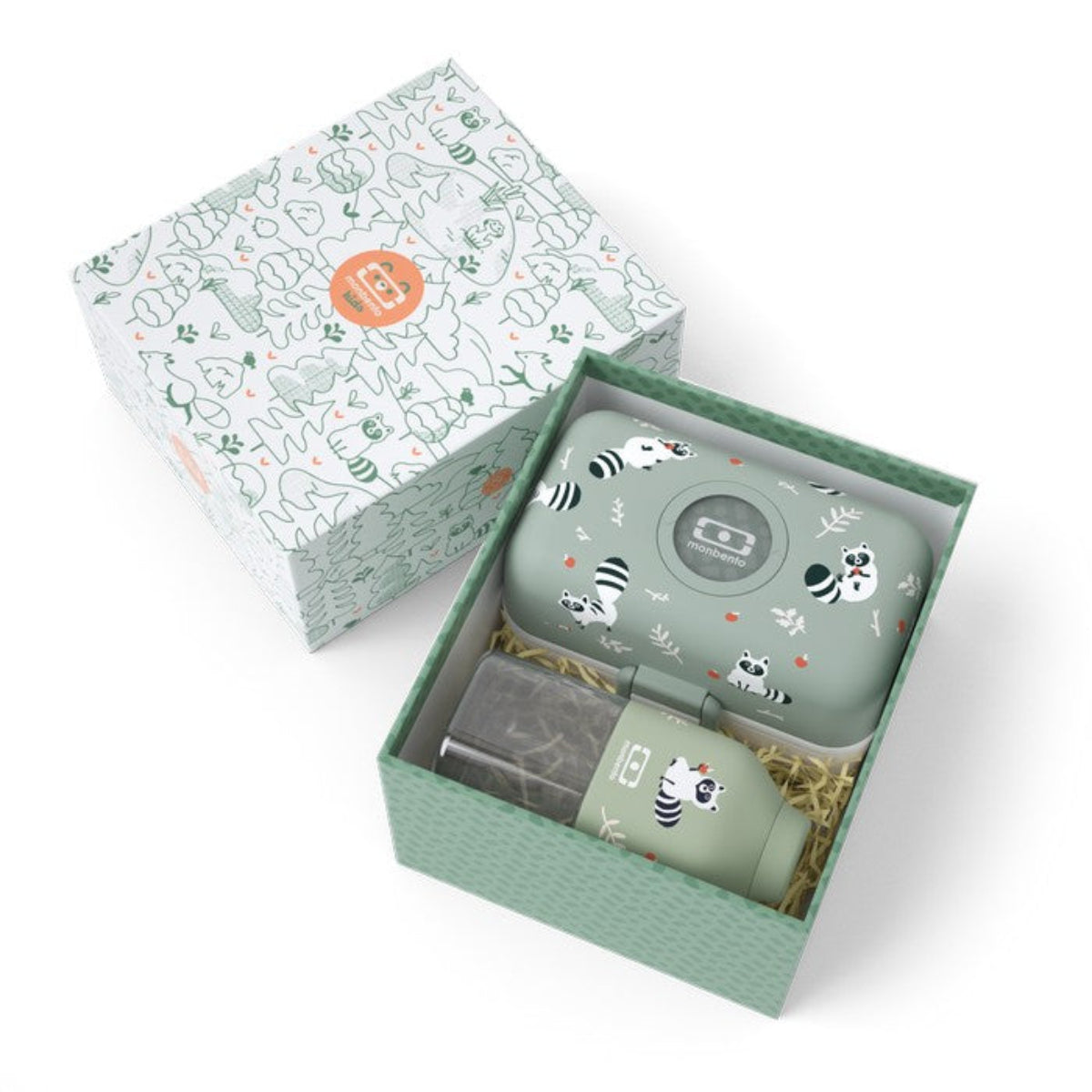 Monbento Kids Gift Box – zestaw lunchbox 850 ml i butelka 330 ml Racoon, bez BPA, lekki, bezpieczny i uroczy dla dzieci, wzór: racoon