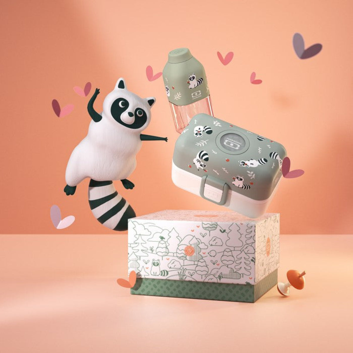 Monbento Kids Gift Box – zestaw lunchbox 850 ml i butelka 330 ml Racoon, bez BPA, lekki, bezpieczny i uroczy dla dzieci, wzór: racoon