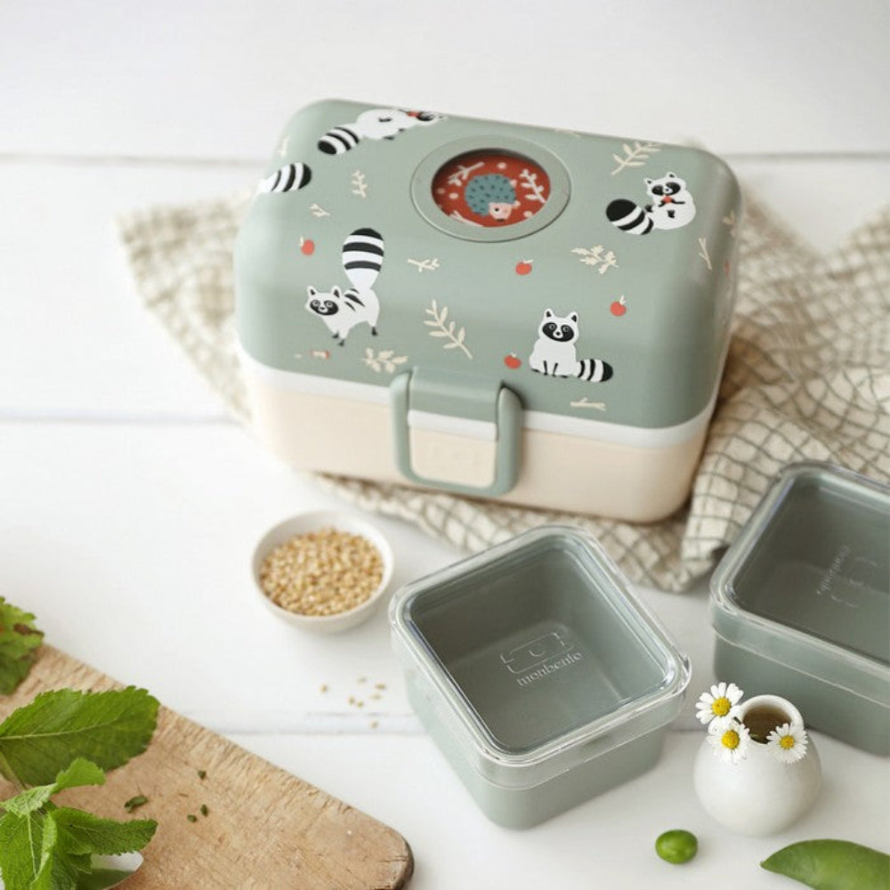 Monbento Kids Gift Box – zestaw lunchbox 850 ml i butelka 330 ml Racoon, bez BPA, lekki, bezpieczny i uroczy dla dzieci, wzór: racoon