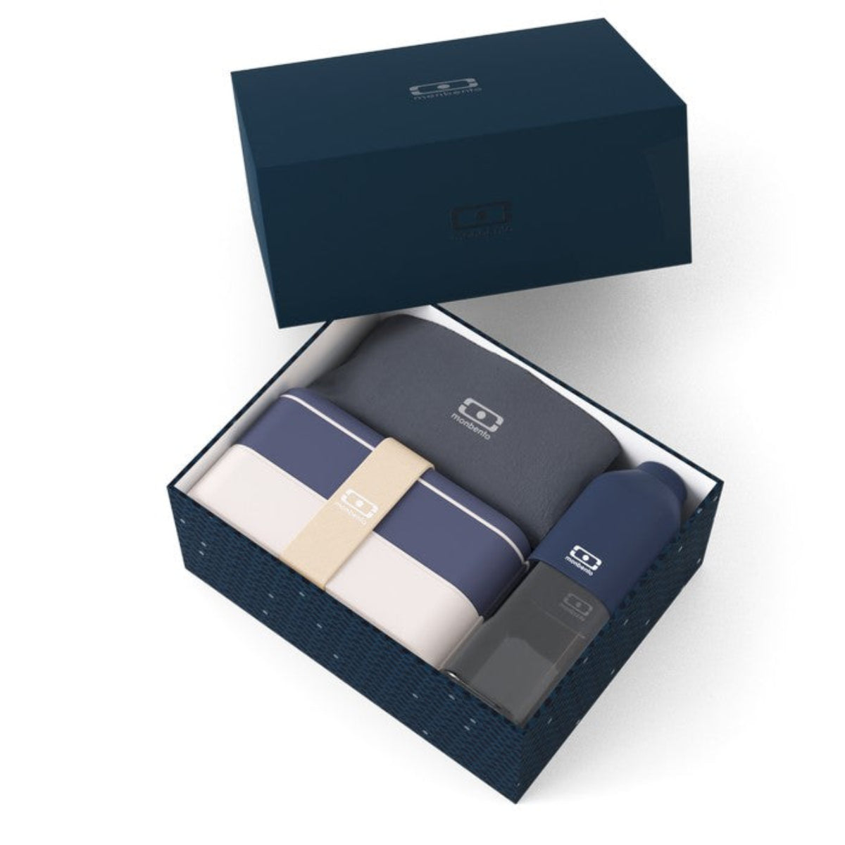 Monbento Gift Box Blue Natural – zestaw prezentowy, lunchbox 1 L, butelka 0,5 L i torba, szczelny, stylowy i idealny na prezent, kolor: niebieski