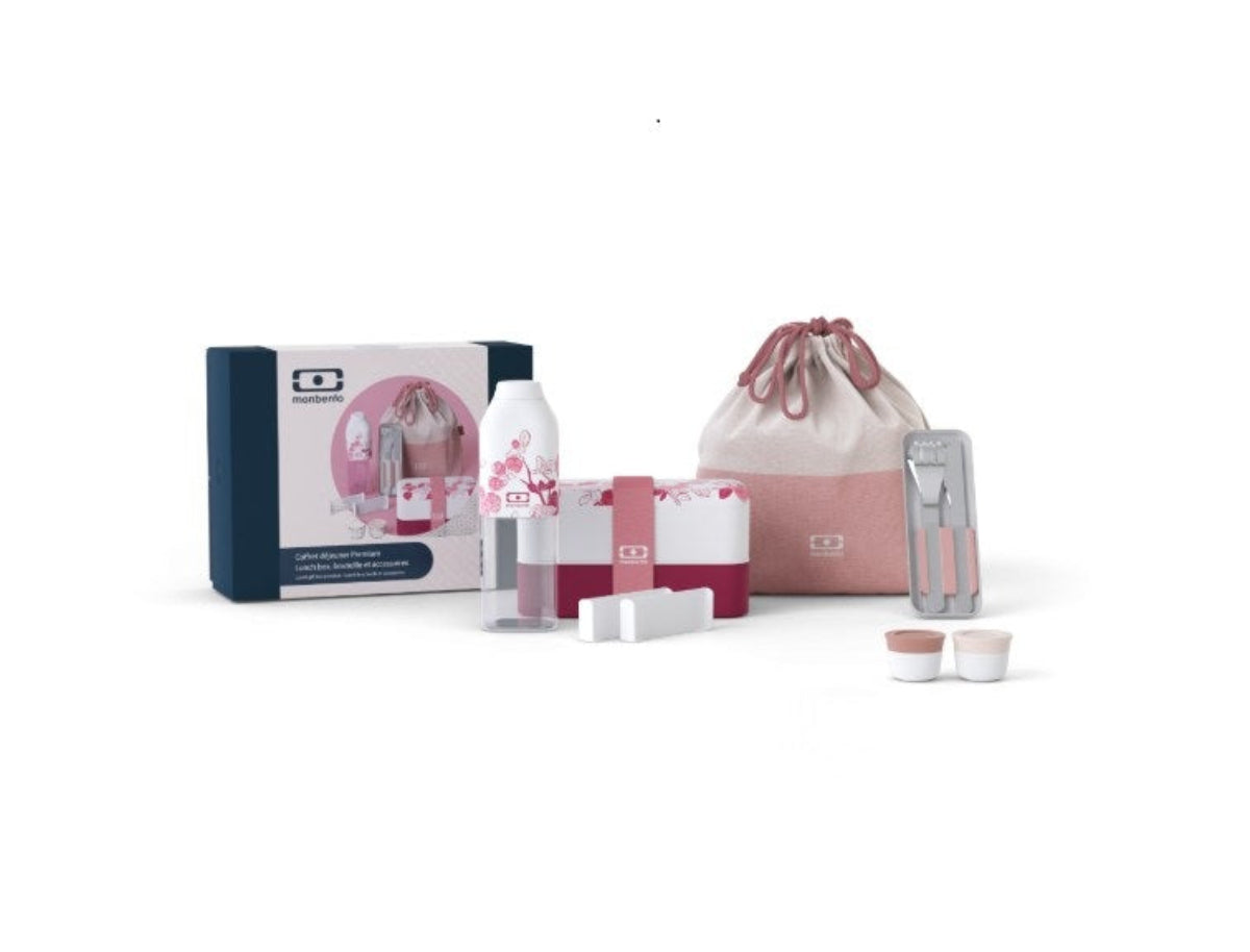 Monbento Gift Box Magnolia – zestaw prezentowy, lunchbox 1 L, butelka 0,5 L i torba, zestaw sztućców, szczelny, stylowy i idealny na prezent, kolor: różowy