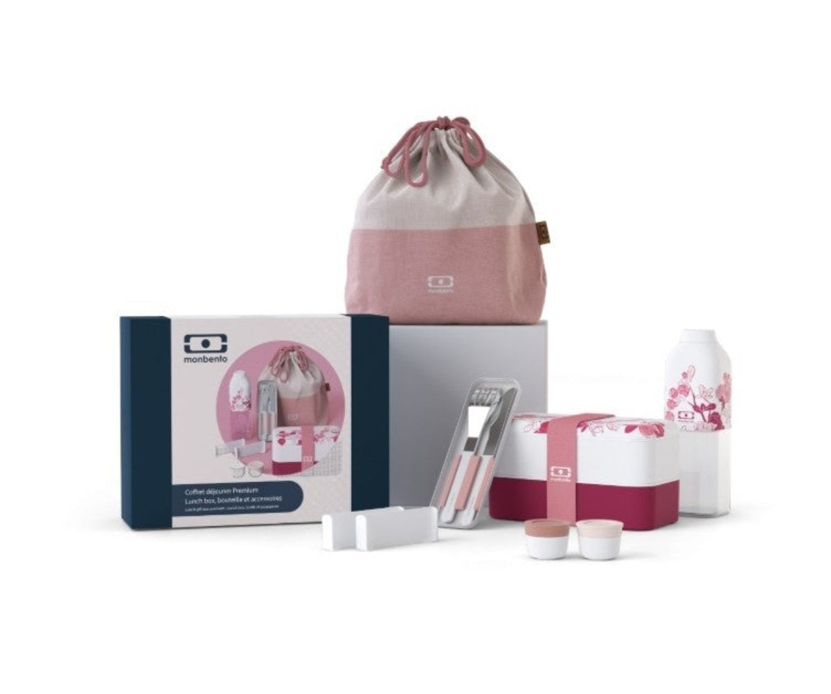 Monbento Gift Box Magnolia – zestaw prezentowy, lunchbox 1 L, butelka 0,5 L i torba, zestaw sztućców, szczelny, stylowy i idealny na prezent, kolor: różowy