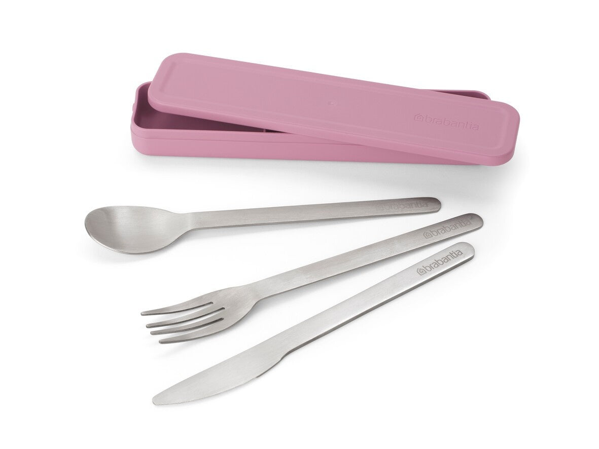 Zestaw sztućców Make&Take Lilac Pink od Brabantia - nóż, łyżka i widelec, stal nierdzewna, etui, wielokrotnego użytku,  kompaktowe, na wynos, kolor: różowy