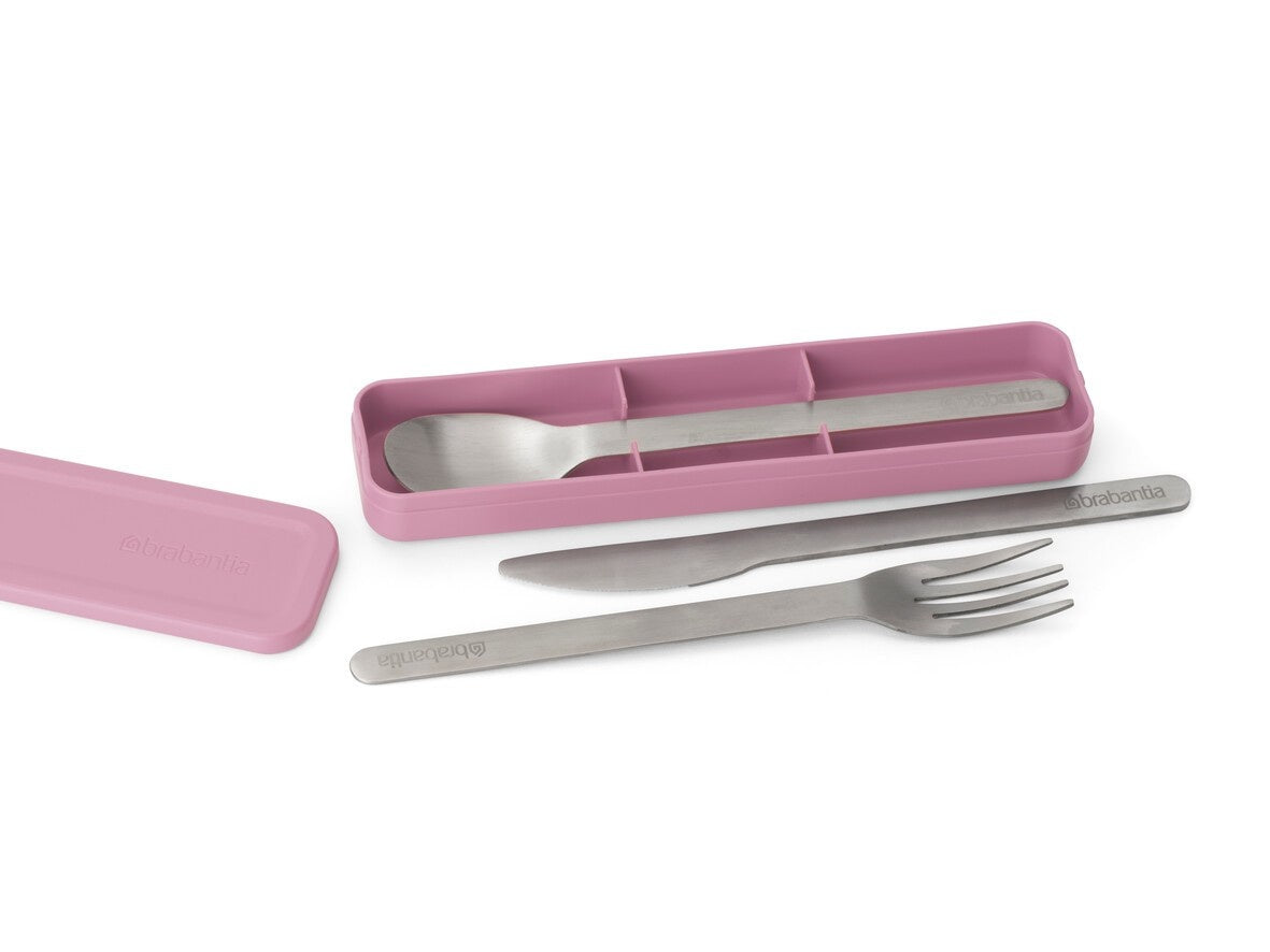 Zestaw sztućców Make&Take Lilac Pink od Brabantia - nóż, łyżka i widelec, stal nierdzewna, etui, wielokrotnego użytku,  kompaktowe, na wynos, kolor: różowy