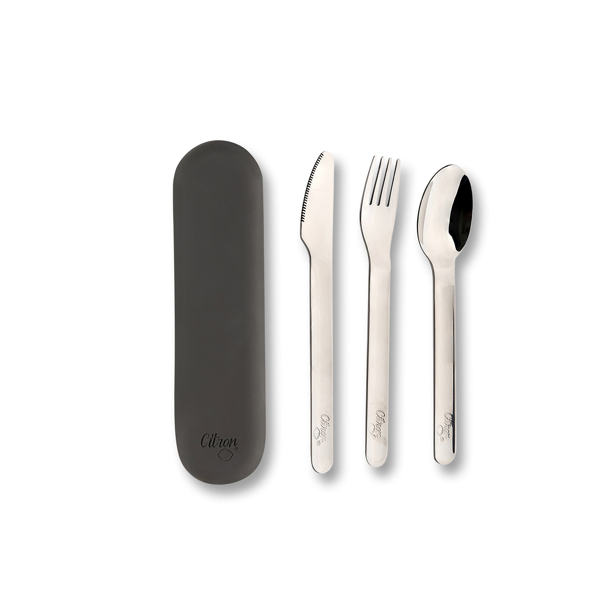 Zestaw sztućców Citron Black ze stali nierdzewnej 304 z silikonowym etui, kompaktowy, bez BPA, idealny do lunch boxa, kolor: czarny