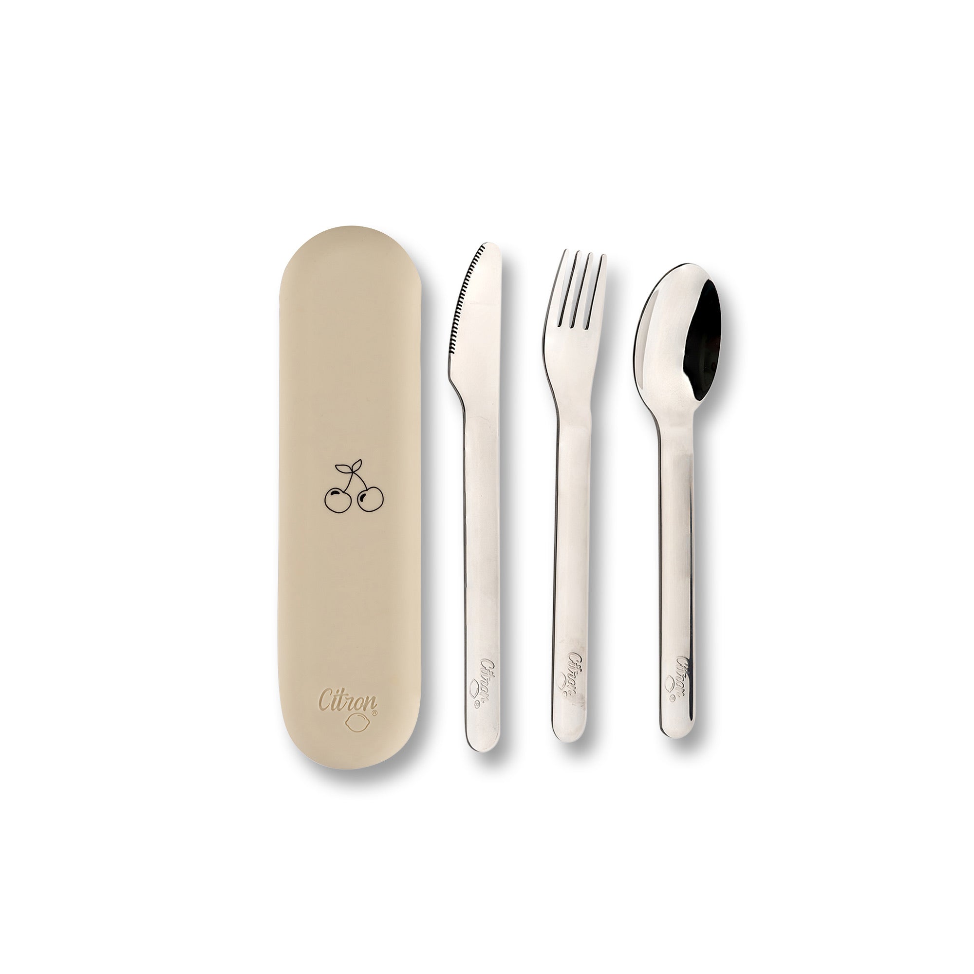 Zestaw sztućców Citron Cream ze stali nierdzewnej 304 z silikonowym etui, kompaktowy, bez BPA, idealny do lunch boxa, kolor: kremowy