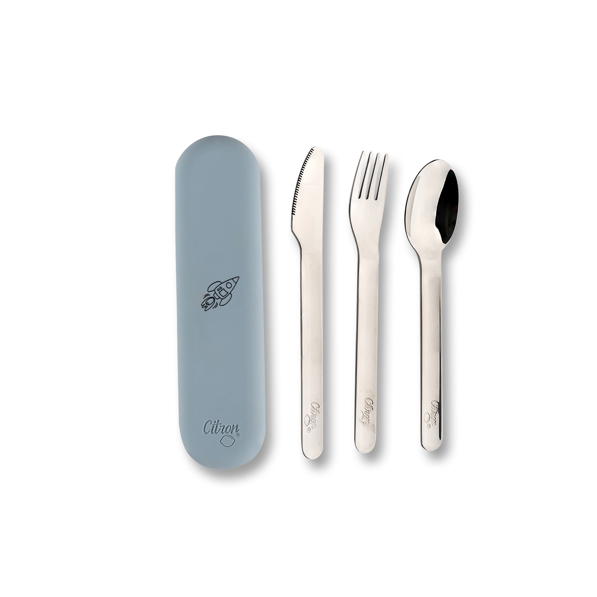 Zestaw sztućców Citron Dusty Blue ze stali nierdzewnej 304 z silikonowym etui, kompaktowy, bez BPA, idealny do lunch boxa, kolor: niebieski