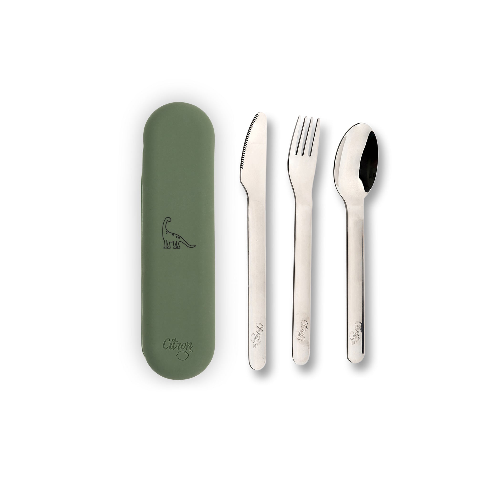 Zestaw sztućców Citron Green ze stali nierdzewnej 304 z silikonowym etui, kompaktowy, bez BPA, idealny do lunch boxa, kolor: zielony