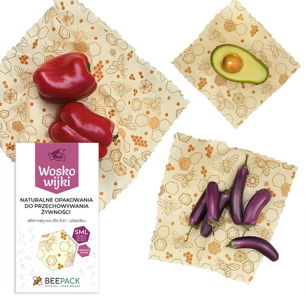 Zestaw woskowijek do kanapek BeePack®  – ekologiczne, wielorazowe opakowania na żywność z naturalnych materiałów, zero plastiku, wzór: pszczoły