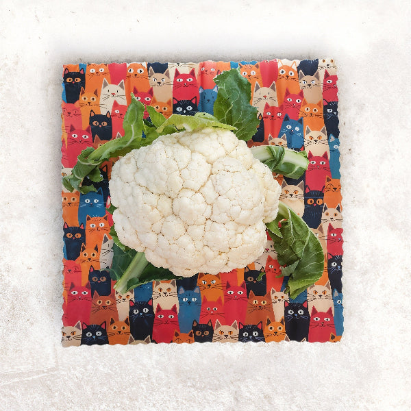 Zestaw woskowijek do kanapek BeePack®  – ekologiczne, wielorazowe opakowania na żywność z naturalnych materiałów, zero plastiku, wzór: koty