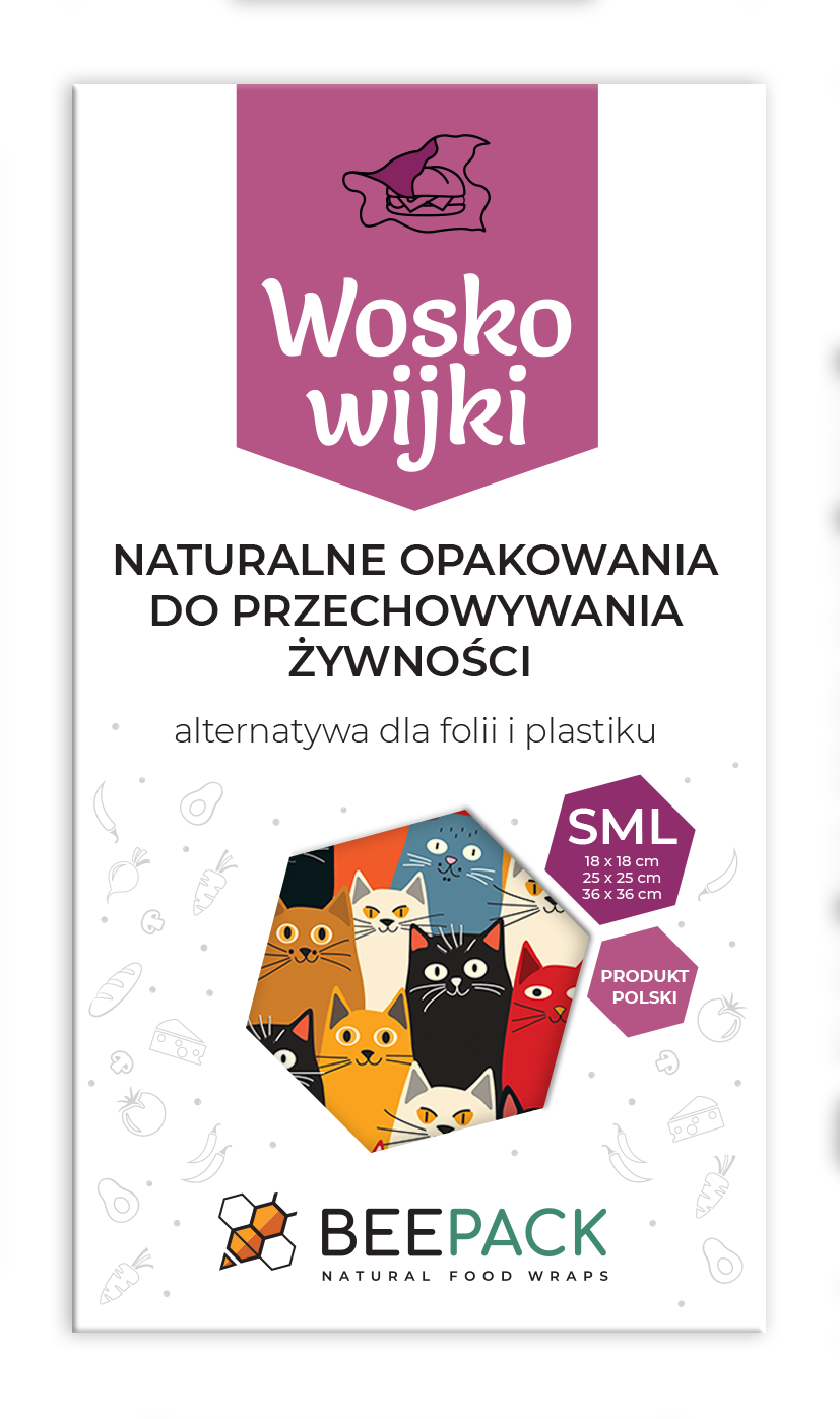 Zestaw woskowijek do kanapek BeePack®  – ekologiczne, wielorazowe opakowania na żywność z naturalnych materiałów, zero plastiku, wzór: koty