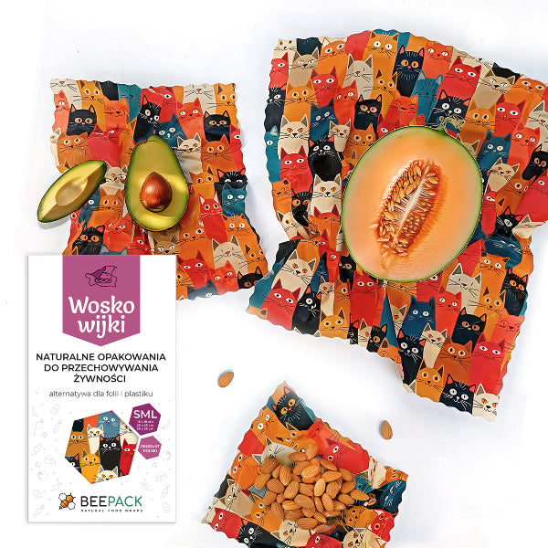Zestaw woskowijek do kanapek BeePack®  – ekologiczne, wielorazowe opakowania na żywność z naturalnych materiałów, zero plastiku, wzór: koty
