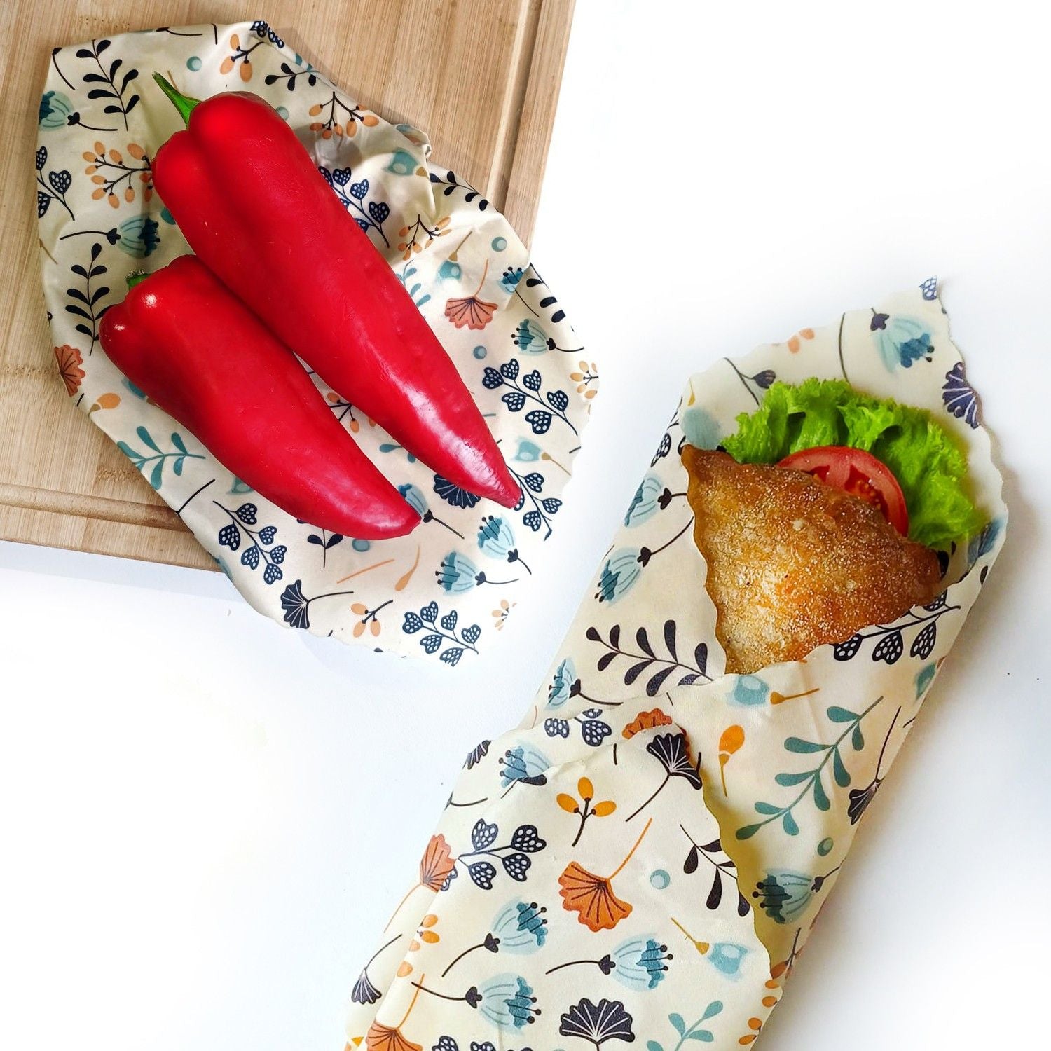 Zestaw woskowijek do kanapek BeePack®  Twings – ekologiczne, wielorazowe opakowania na żywność z naturalnych materiałów, zero plastiku, wzór: gałązki