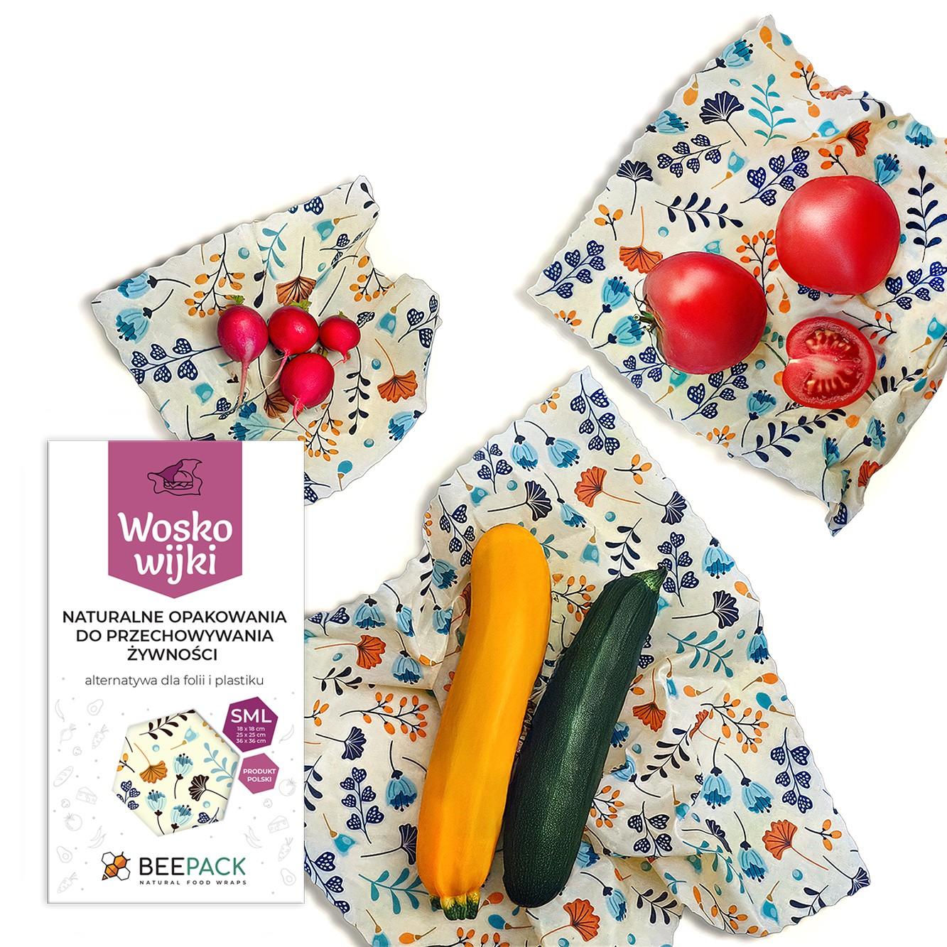 Zestaw woskowijek do kanapek BeePack®  Twings – ekologiczne, wielorazowe opakowania na żywność z naturalnych materiałów, zero plastiku, wzór: gałązki