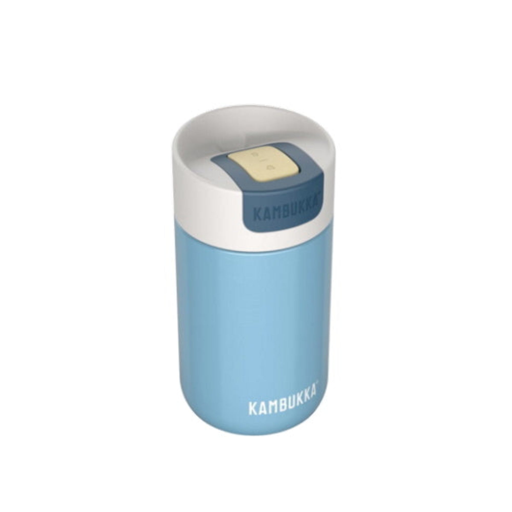 Kambukka Olympus 300 ml Silk Blue – kompaktowy niebieski kubek termiczny, szczelny, One-Click, Snapclean®, utrzymuje ciepło 6h i zimno 11h.