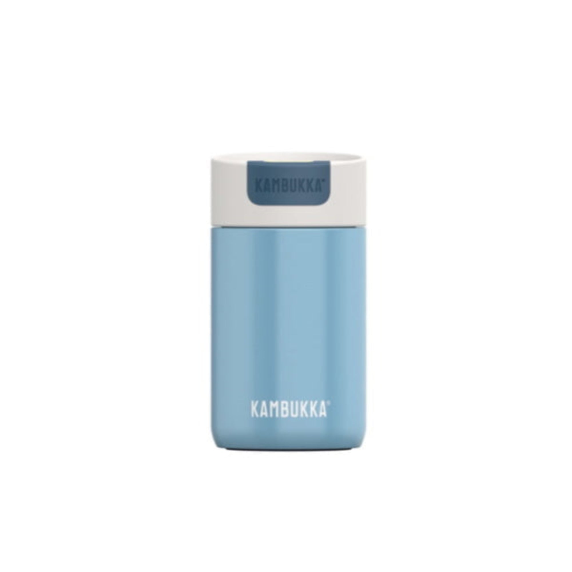 Kambukka Olympus 300 ml Silk Blue – kompaktowy niebieski kubek termiczny, szczelny, One-Click, Snapclean®, utrzymuje ciepło 6h i zimno 11h.