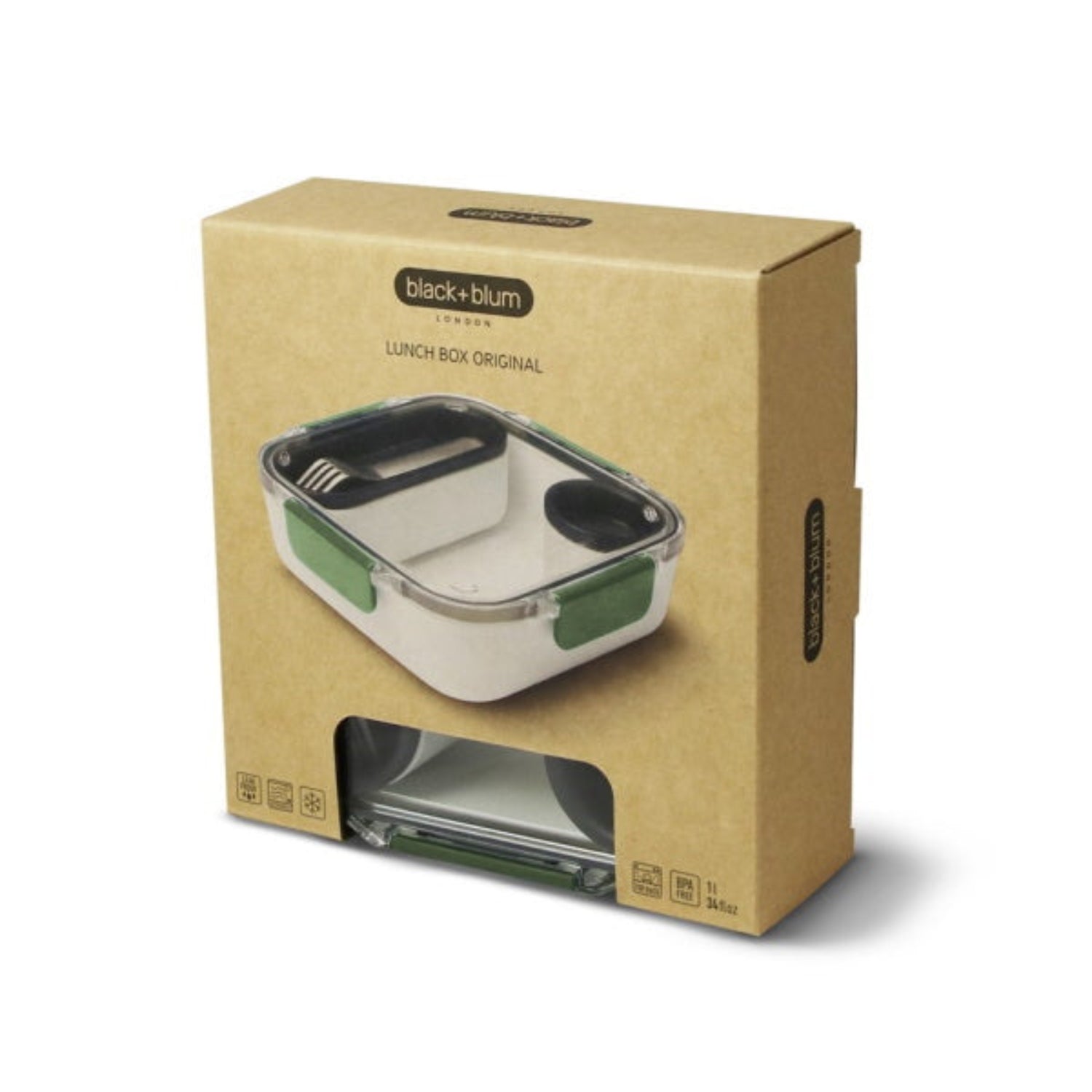 Lunchbox Black+Blum Original 1 l oliwkowy – szczelny, praktyczny i stylowy. Widelec, pojemniczek na sos i przegródka dla wygody w pracy i podróży