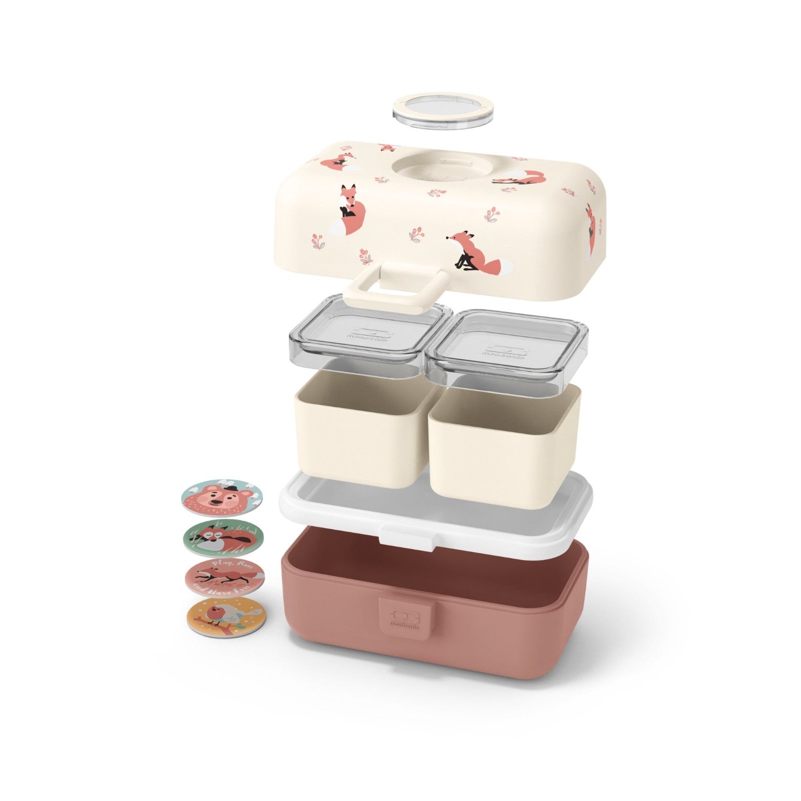Różowo-beżowe bento box 800 ml dla dzieci Monbento Tresor z grafiką liska