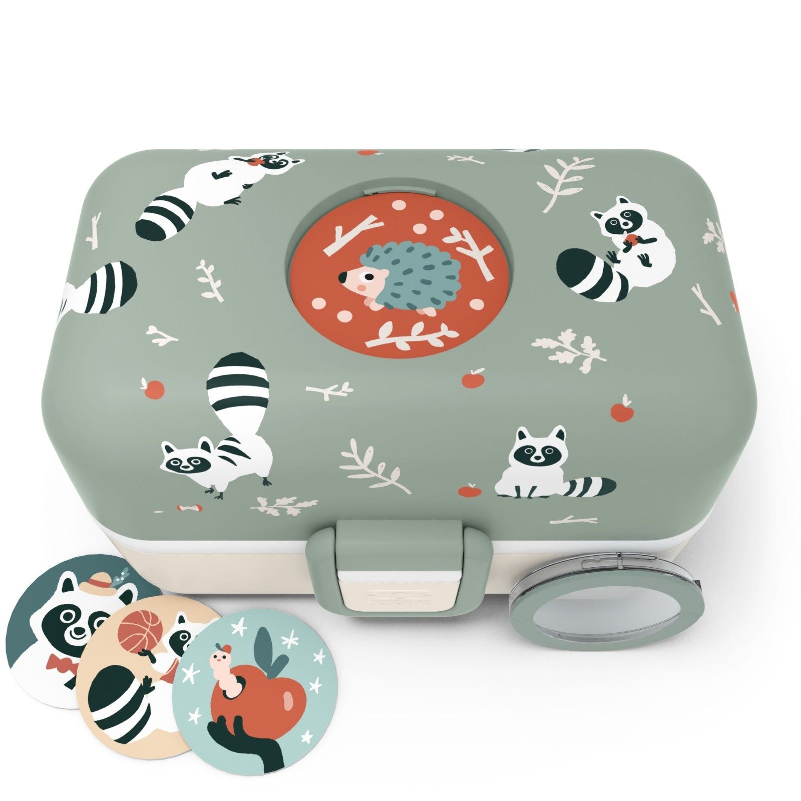 Monbento Tresor Racoon– lunchbox dla dzieci z 3 pojemnikami. Lekki, szczelny i łatwy w otwieraniu. Idealny do szkoły, na wycieczkę i piknik, wzór: szop