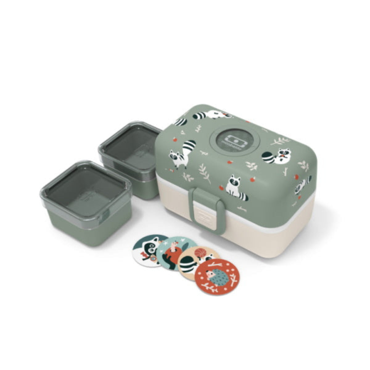 Monbento Tresor Racoon– lunchbox dla dzieci z 3 pojemnikami. Lekki, szczelny i łatwy w otwieraniu. Idealny do szkoły, na wycieczkę i piknik, wzór: szop