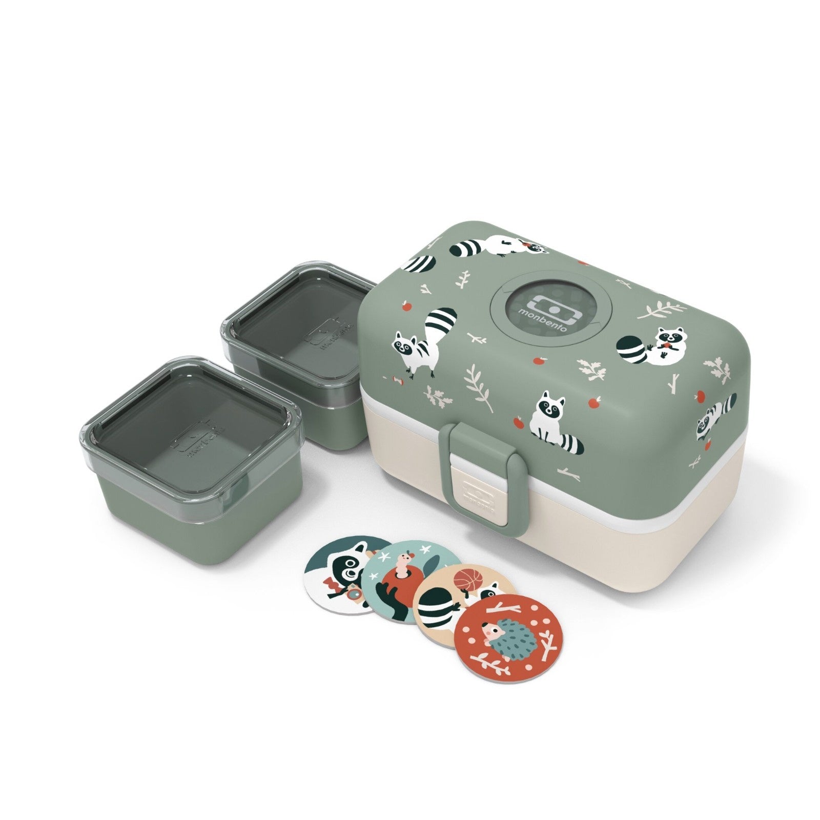 Monbento Tresor Racoon– lunchbox dla dzieci z 3 pojemnikami. Lekki, szczelny i łatwy w otwieraniu. Idealny do szkoły, na wycieczkę i piknik, wzór: szop
