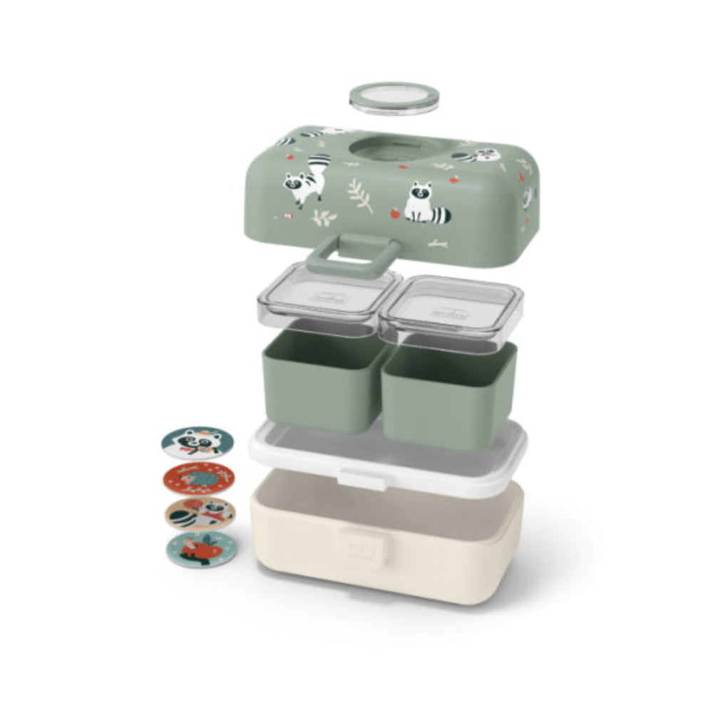 Monbento Tresor Racoon– lunchbox dla dzieci z 3 pojemnikami. Lekki, szczelny i łatwy w otwieraniu. Idealny do szkoły, na wycieczkę i piknik, wzór: szop