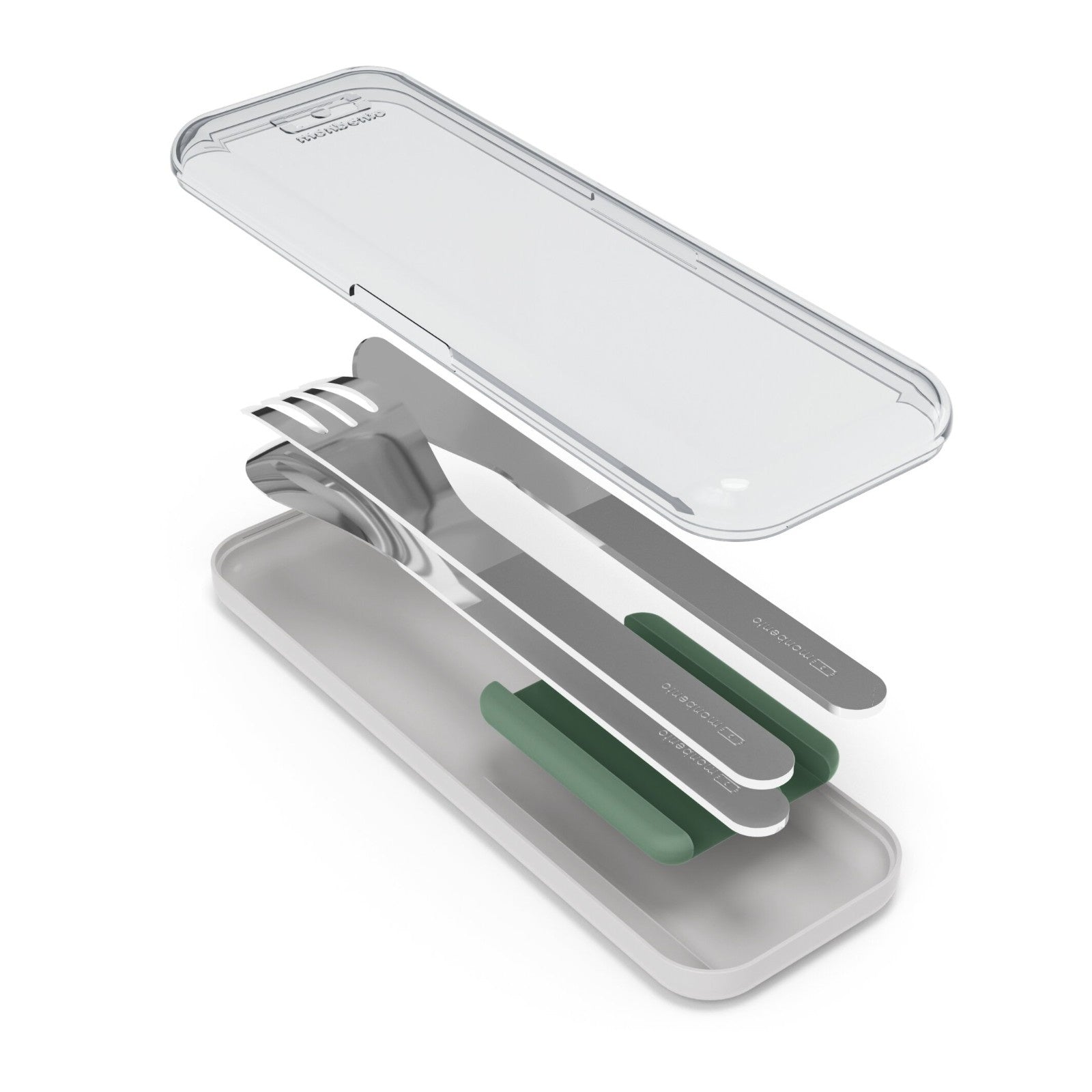 Monbento Slim Box Natural Green – stalowe, kompaktowe sztućce w etui, idealne do lunchboxa i podróży, kolor: zielony